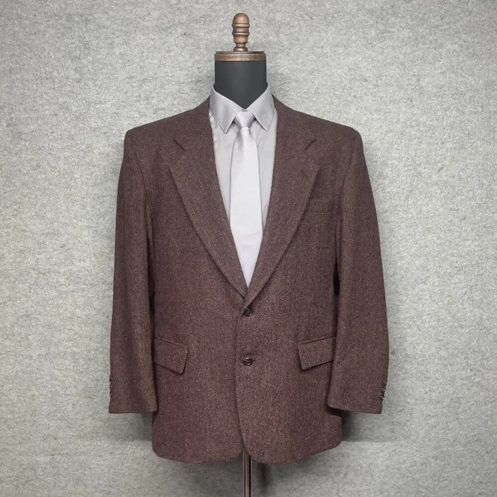 Brookcraft Mens Tweed Sport Coat Blazer Maroon Herringbone USA 46R Wool Look